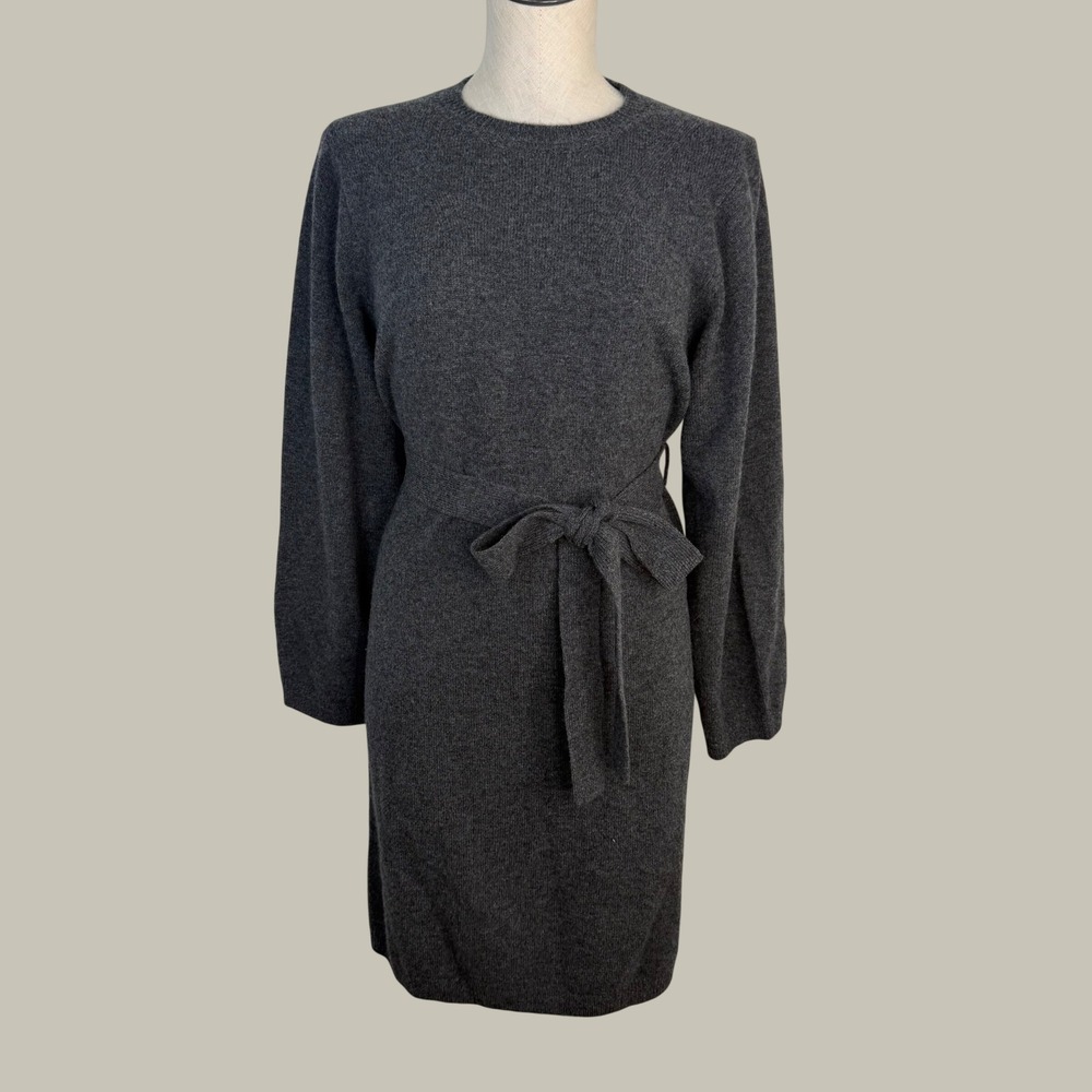 Current Air Womens 100% Wool Sweater Dress Charcoal Gray Tie Waist Large Petite